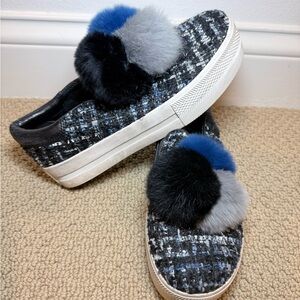 Ash Tweed Slip-On Sneakers with Blue, Black & Gray Pom Poms